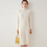 Wool Cashmere Mock Neck Casual Cable Knit Sweater Midi Dress